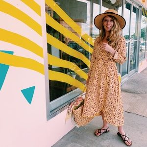3/4 Length Sleeve Yellow Floral Wrap Dress